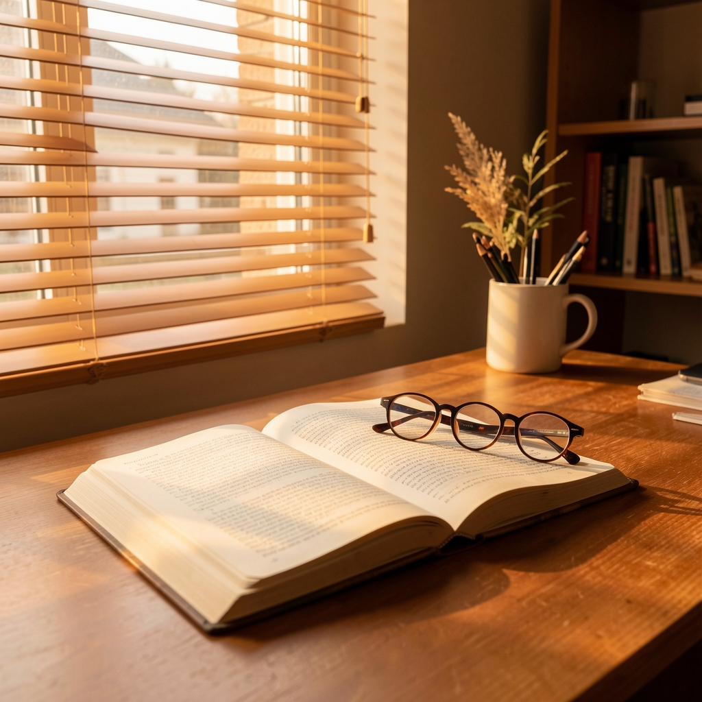 Quiet editorial workspace with an open journal, reading glasses, and morning light through half-open blinds, warm amber tones