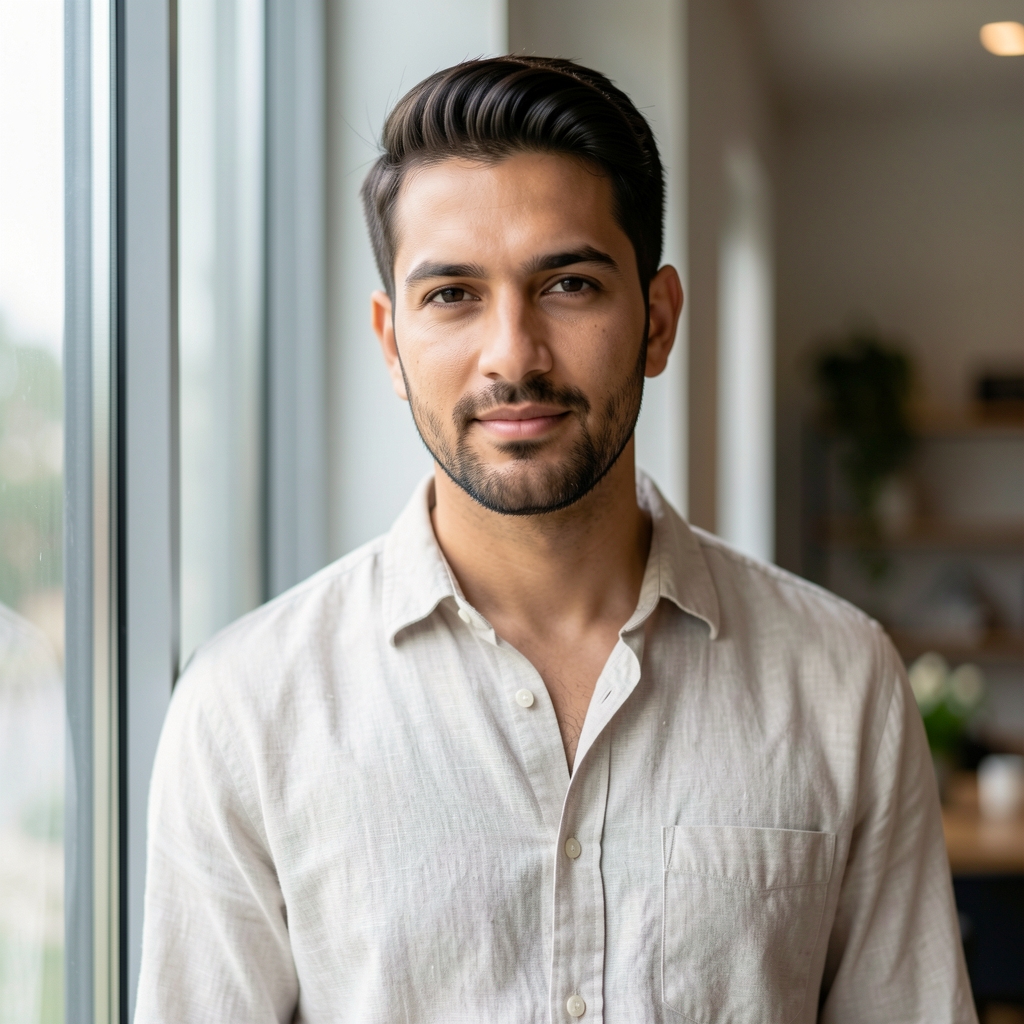 Editorial portrait of a man in a light linen shirt, standing near a window with diffused natural light, relaxed professional demeanour