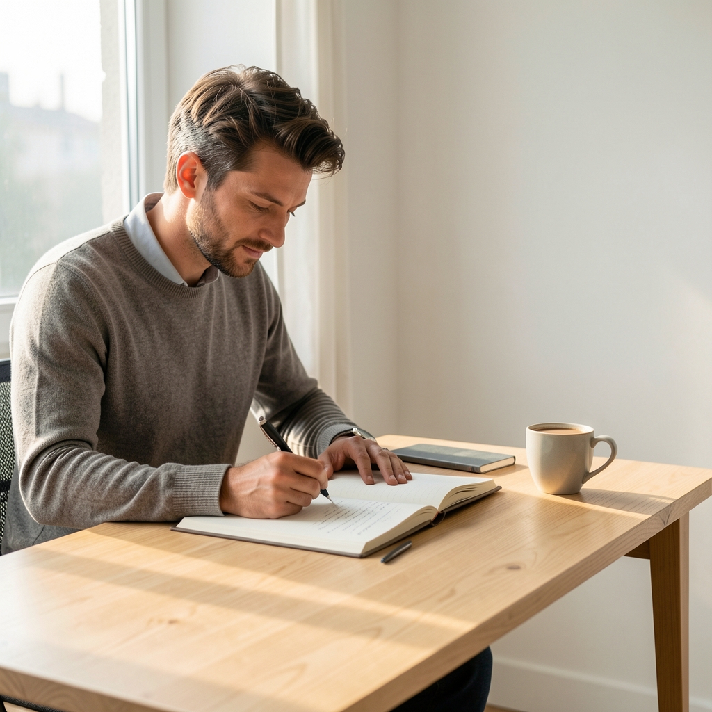 Man writing in a journal at a minimalist wooden desk during early morning light with a cup of coffee beside him