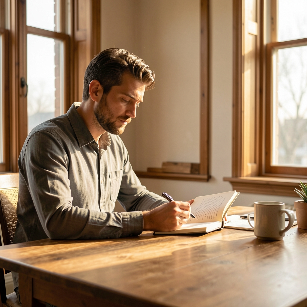 Man in a quiet sunlit room reviewing a notebook at a wooden desk, warm morning light through tall windows