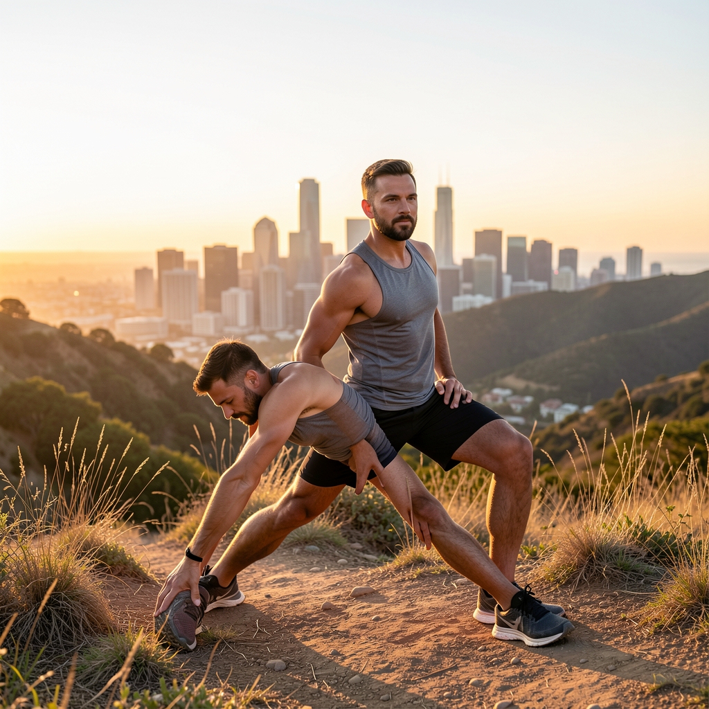 Man stretching outdoors at sunrise on a hillside trail in Kuala Lumpur, wearing athletic wear, city skyline softly visible in the background